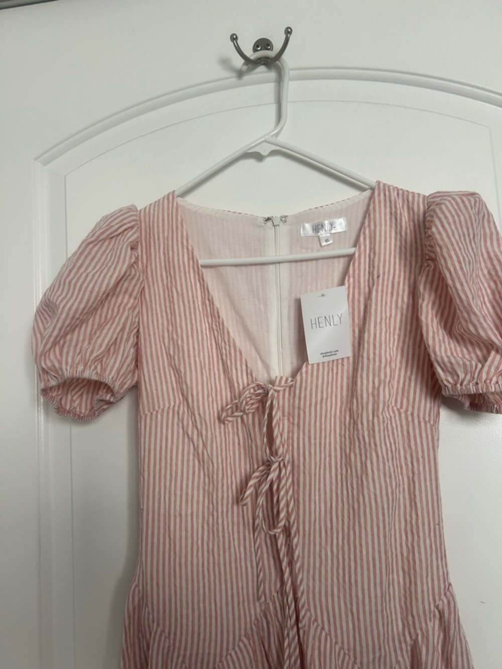 Henly Striped Puff-Sleeve Bow Midi Dress Size Xs Nwt Cottagecore Prairie Boho — image 6 of 8